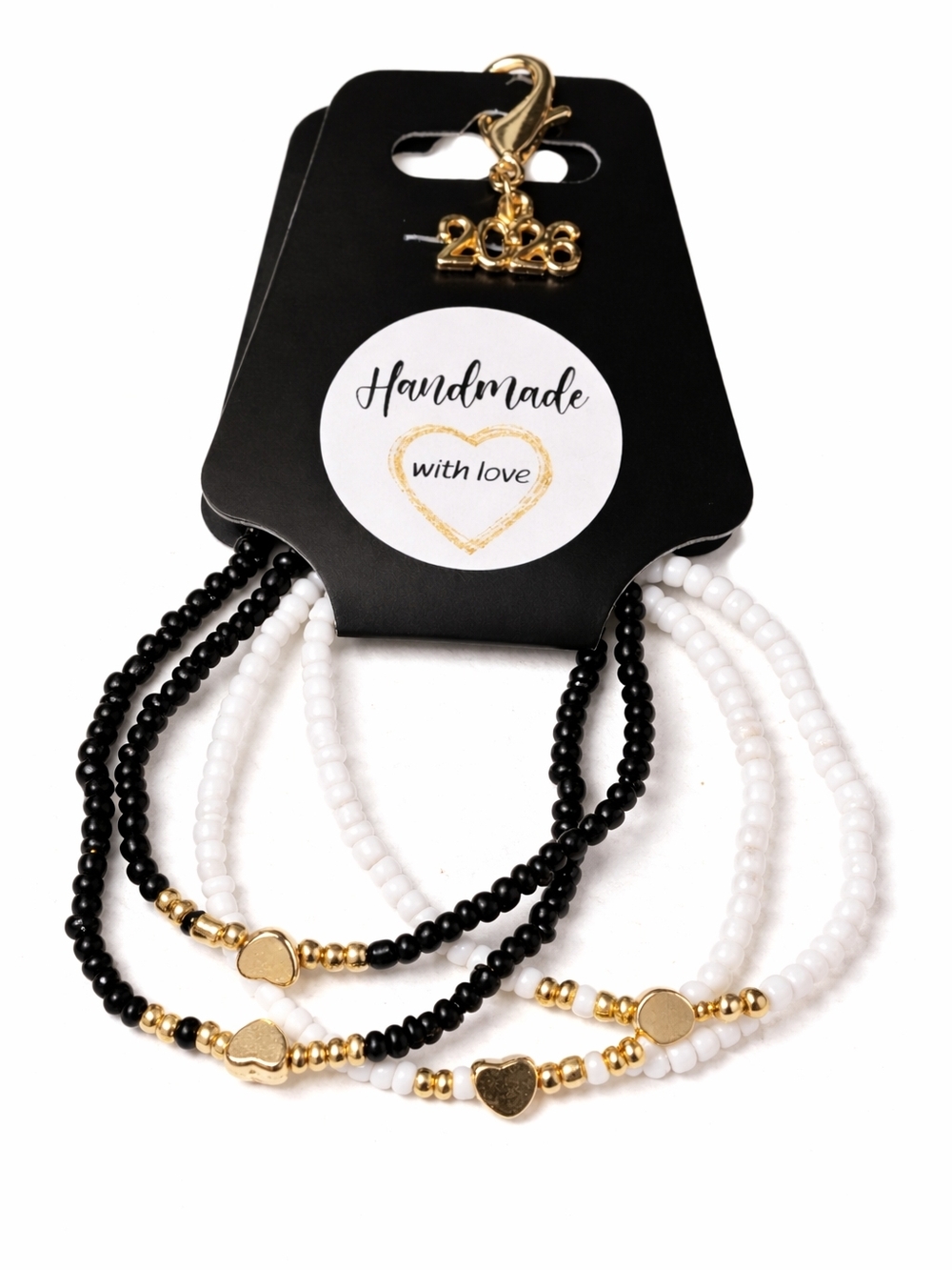 Handmade Gold Heart Beaded Bracelet Set - Black & White- 2026 Charm For Graduate